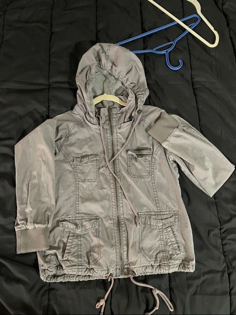 GRG Outerwear Women’s Large Gray Hooded Utility Jacket Full Zip Cargo Coat